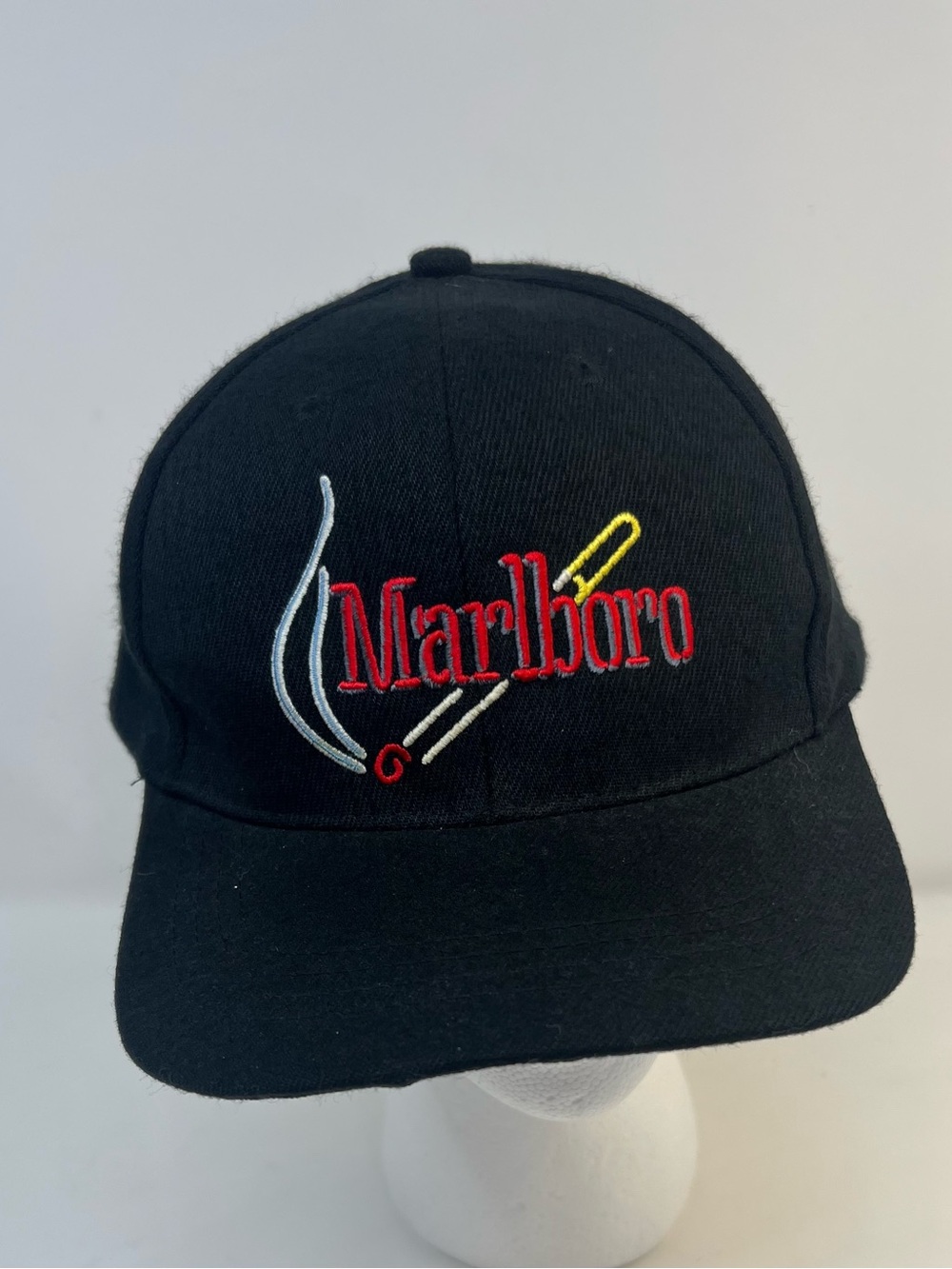 Vintage Marlboro Strap Back Hat Embroidered Logo & Lit Cigarette Black Pre Owned